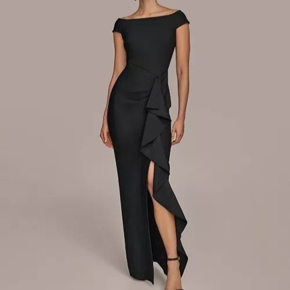 Donna Karan NY Side Ruffle Off The Shoulder Black Slit Gown Dress Womens 16 NWT
